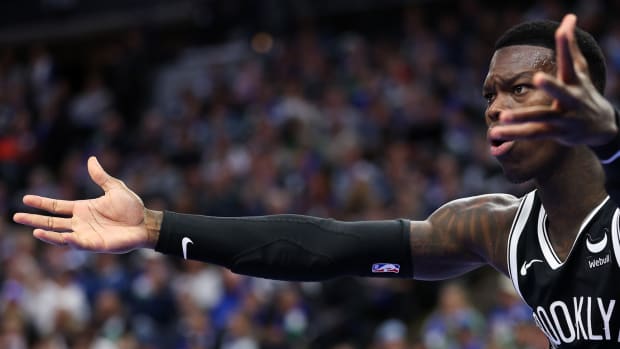 February 24, 2024; Brooklyn Nets guard Dennis Schroder (17) reacts after a shot against the Minnesota Timberwolves during the second half at Target Center